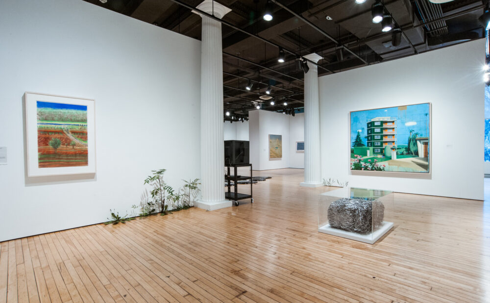 Sprawling gallery room showing paintings on white walls and a low floor installation in the middle distance. (Alt-text generated by AI)