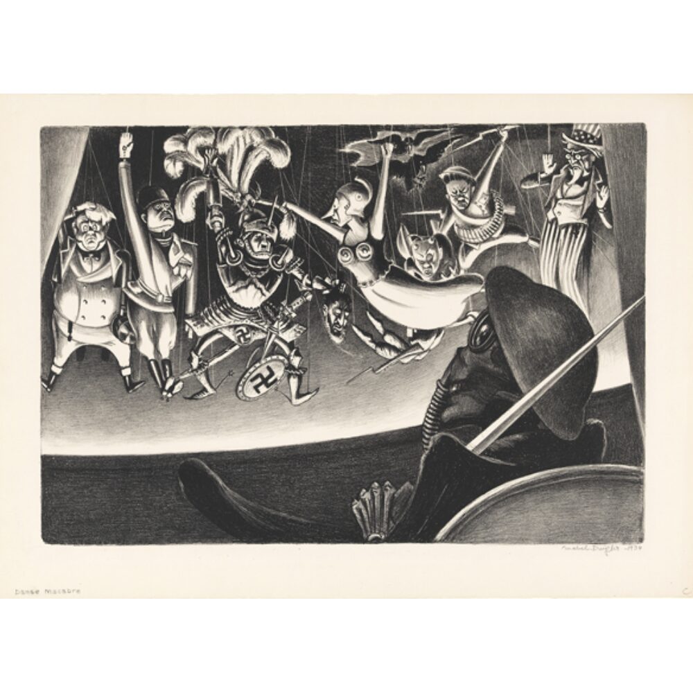 A black-and-white print depicting a dramatic, chaotic scene with expressive figures and stylized theatrical movement. Alt text generated by AI