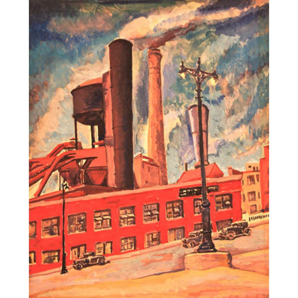 Watercolor depicting an industrial landscape with red brick factory buildings, tall smokestacks emitting dark smoke, and utility poles set under a stylized sky. Alt text generated by AI