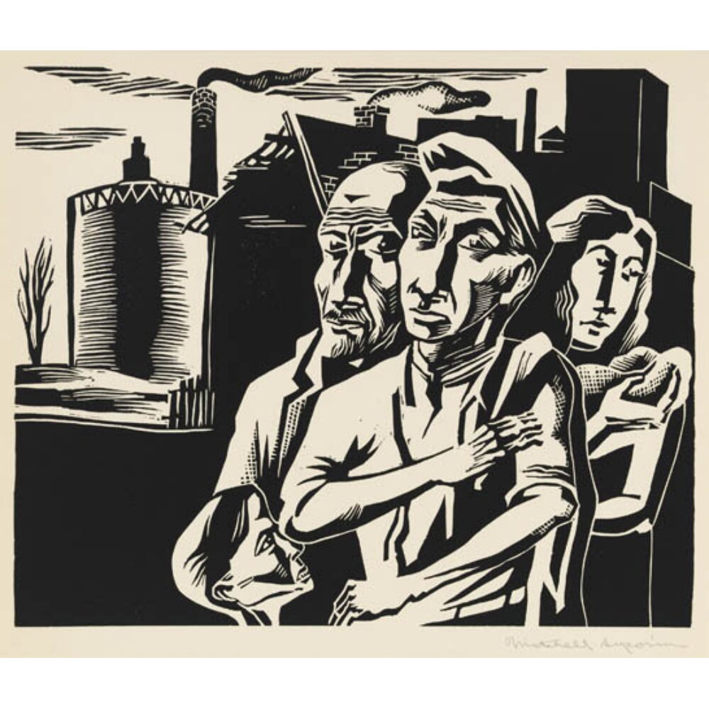 A high-contrast woodcut or linocut style print depicting a group of working-class family members with industrial structures in the background. Alt text generated by AI