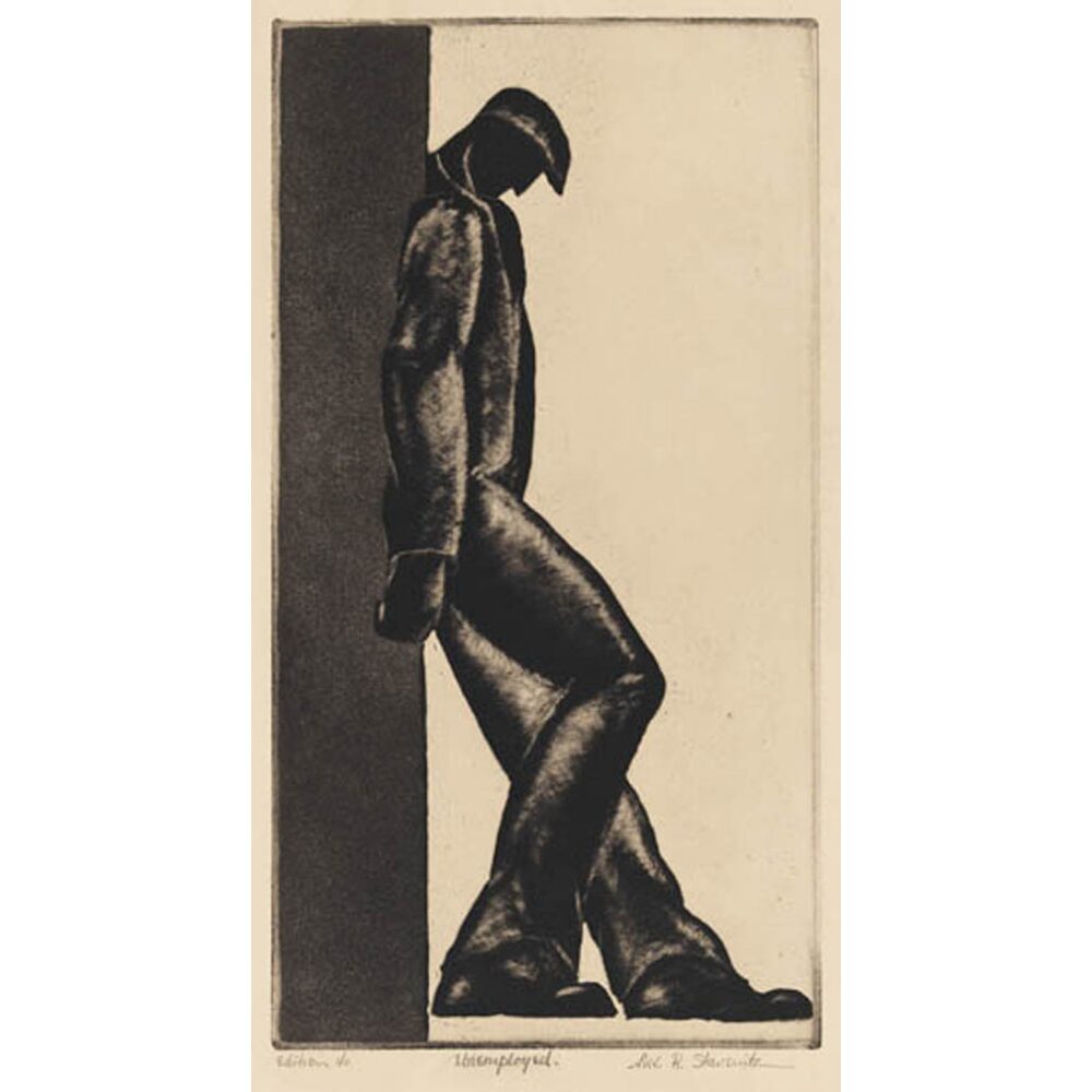 A high-contrast black-and-white print depicting a solitary, stooped man standing with his head bowed and hands behind his back. Alt text generated by AI