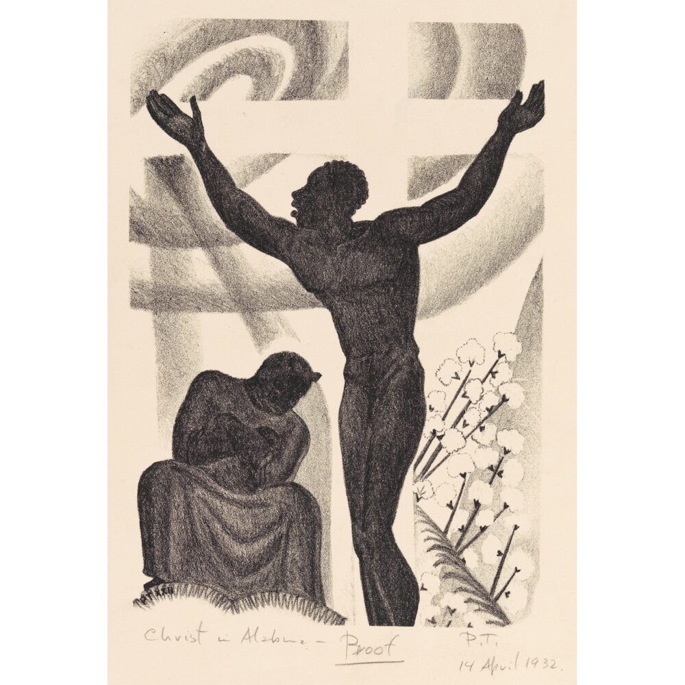 A stylized lithograph showing a figure with raised arms standing in front of a prominent white cross, with a seated figure at their feet. Alt text generated by AI.