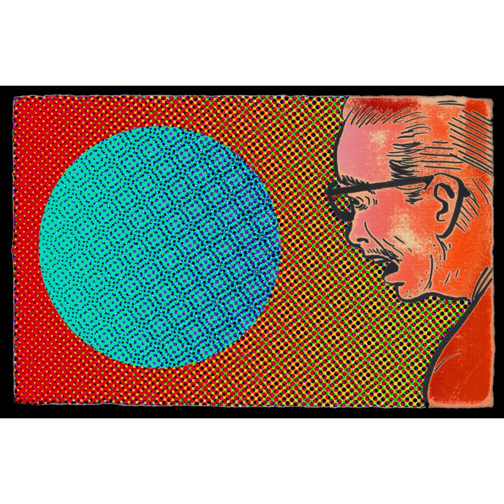 Graphic pop-art style print featuring a profile view of a man looking toward a bright cyan circle against a textured orange background. (Alt-text generated by AI)