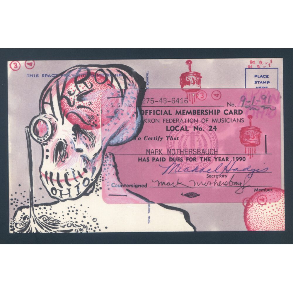 Digital graphic image showing an illustrated skull-like head next to pink rectangular membership card. (Alt-text generated by AI)