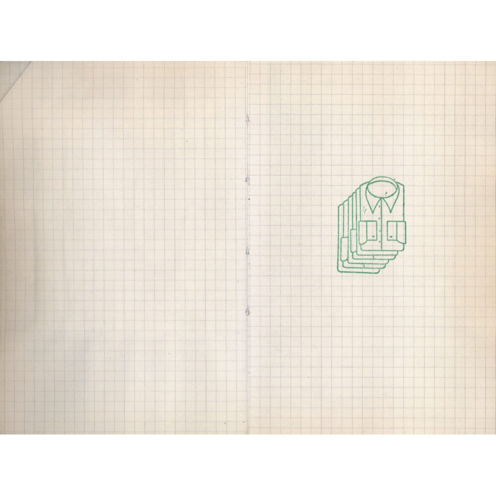 High-angle photograph of an open artist journal page displaying a small green pen drawing of a stack of collared shirts on a gridded paper. (Alt-text generated by AI)