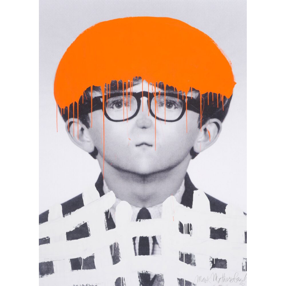 Stylized portrait photo of a person wearing glasses and a patterned shirt, topped with a brightly colored orange haircut overlay. (Alt-text generated by AI)