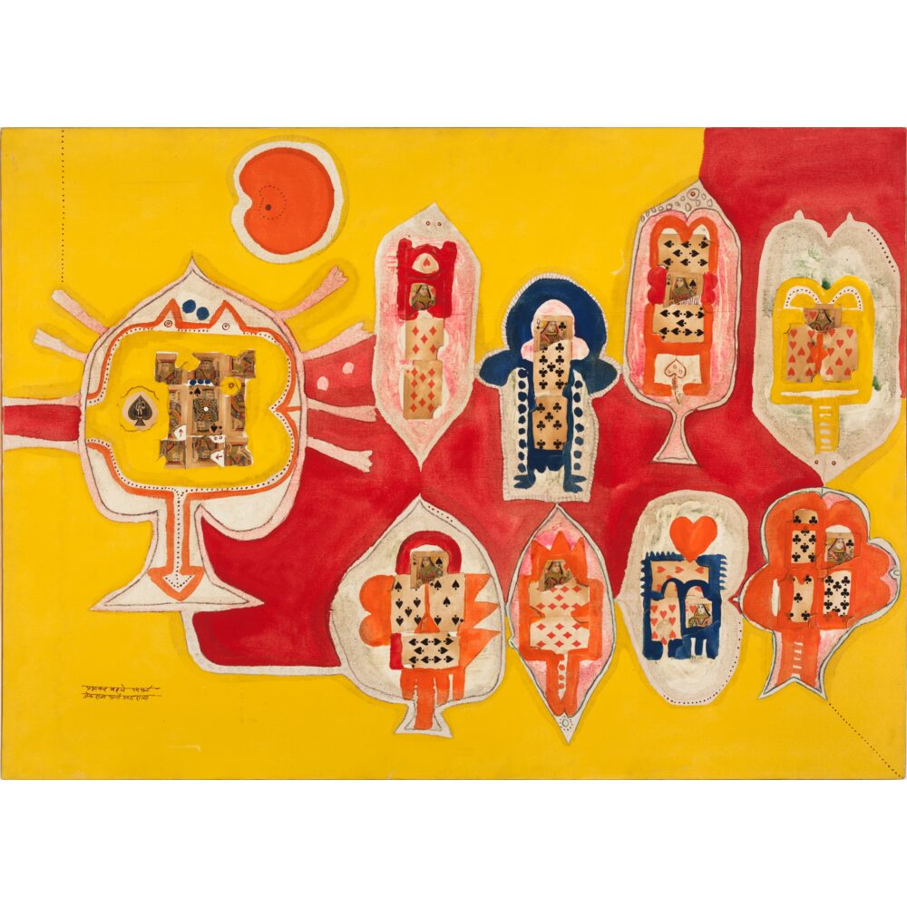 An abstract artwork with bright yellow and red colors featuring stylized card-like figures inside leaf shapes, adorned with patterns of hearts and spades. A circular red form is in the upper left corner, creating a playful composition. Alt text generated by AI.