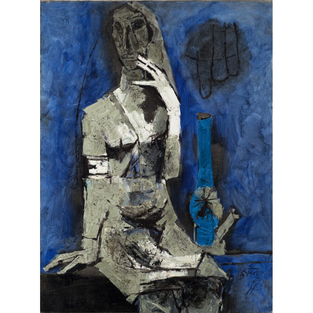 Figurative painting of a seated person rendered in cool blue tones. (Alt-text generated by AI)