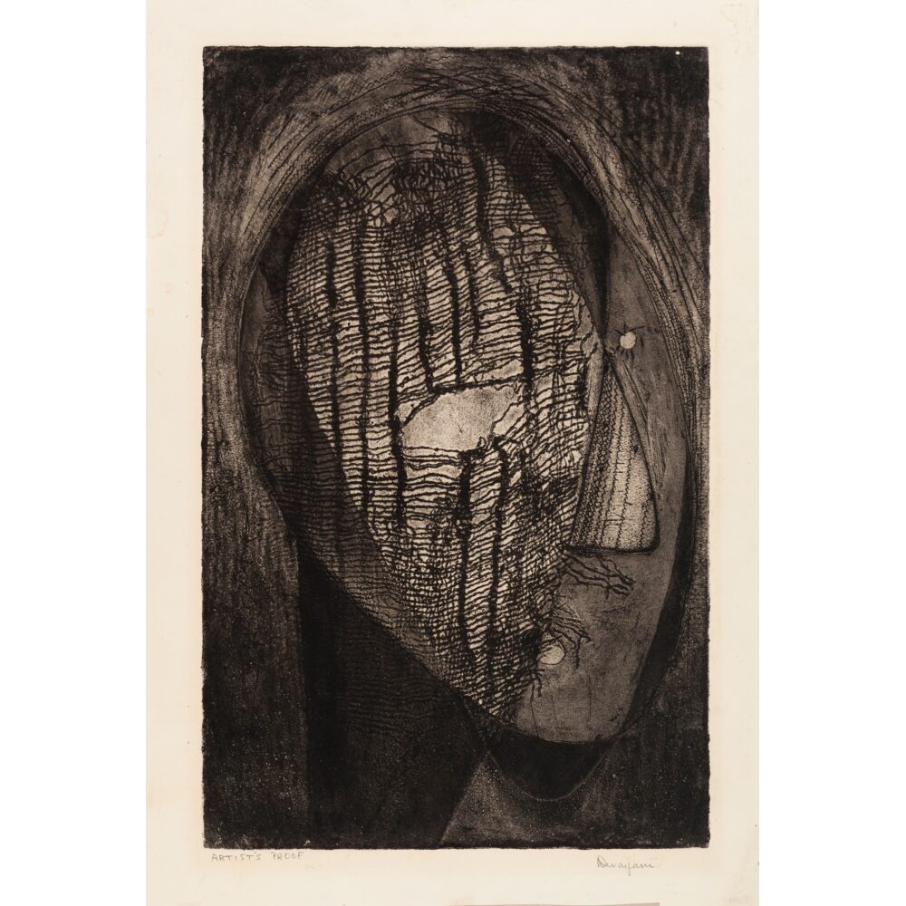 Dark, textured portrait drawing of a face framed in a white border. (Alt-text generated by AI)