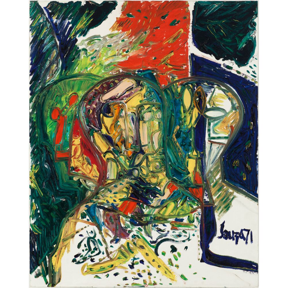 Expressive abstract painting with bold strokes of green, red, yellow, and blue. (Alt-text generated by AI)
