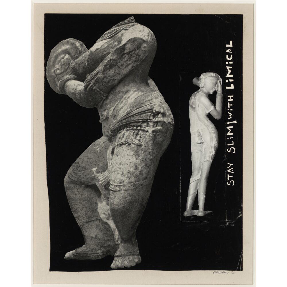 Black-and-white image of a sculptural human form alongside a standing figure. (Alt-text generated by AI)