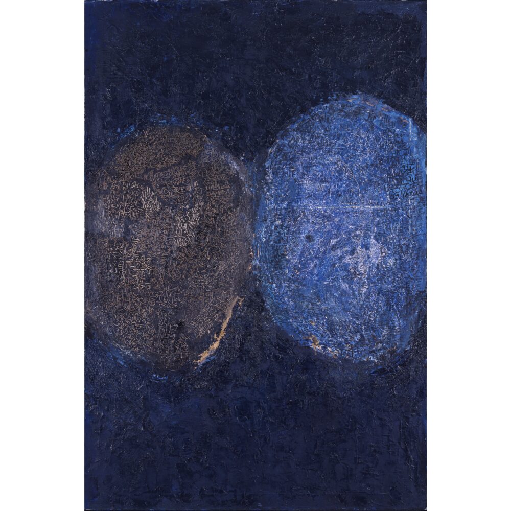 Abstract painting showing two dark circular textures against a deep blue background. (Alt-text generated by AI)