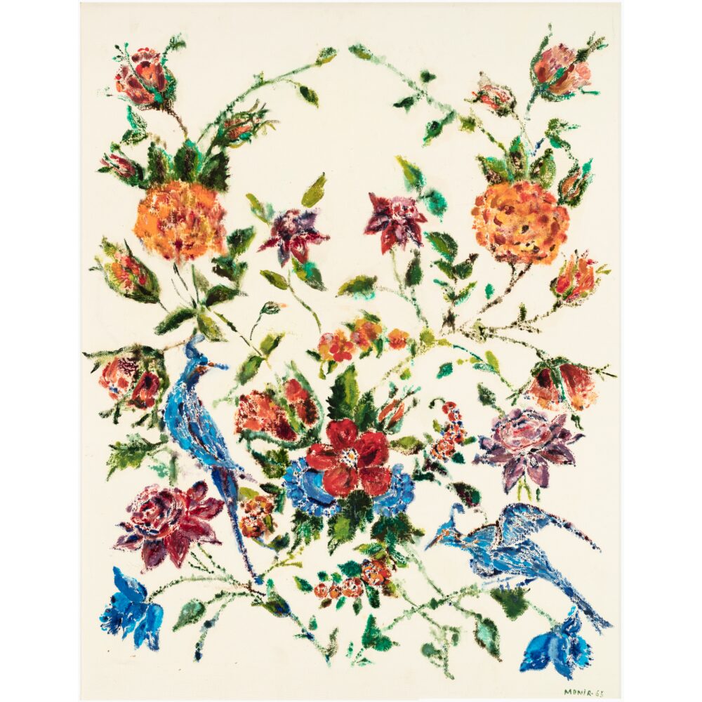 Detailed botanical illustration featuring colorful flowers, leaves, and birds on a light background. (Alt-text generated by AI)