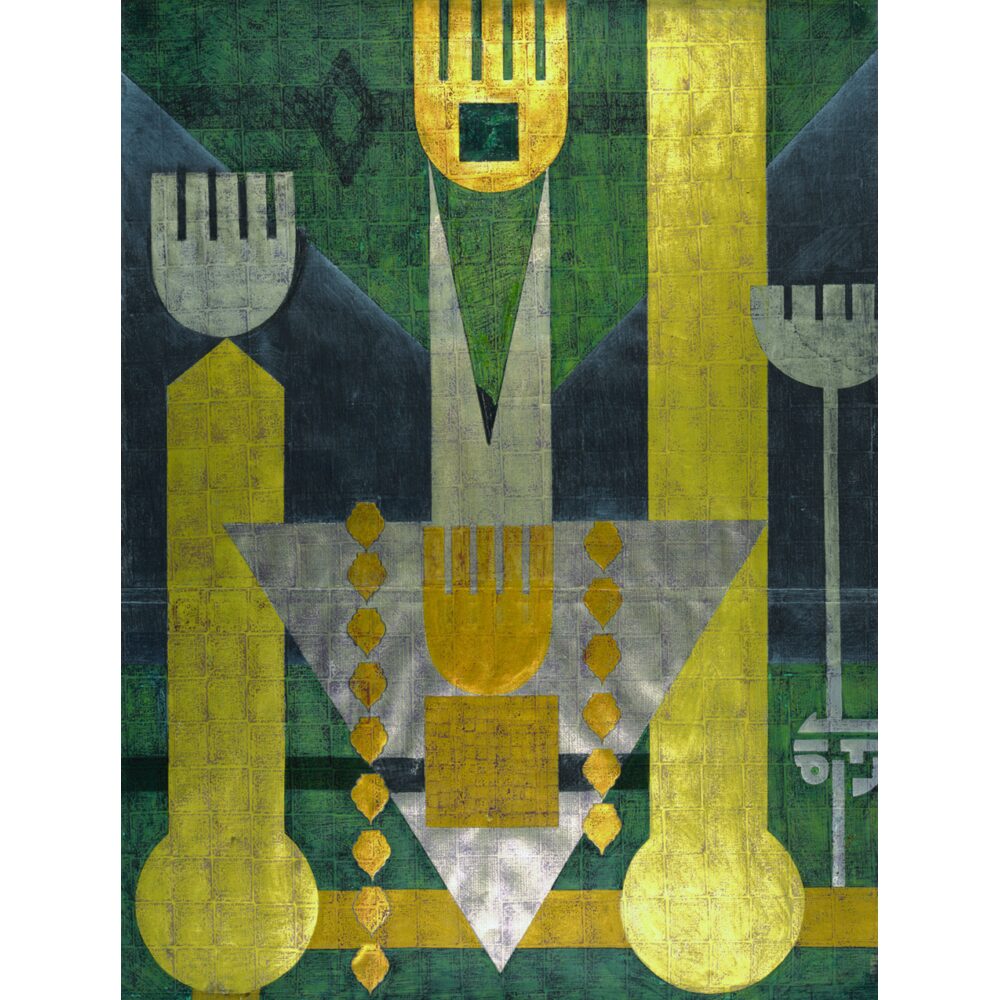 Geometric abstract artwork with a green background, featuring a large white triangular shape with a golden square at its center, flanked by two yellow columns and stylized fork-like shapes. Alt text generated by AI.