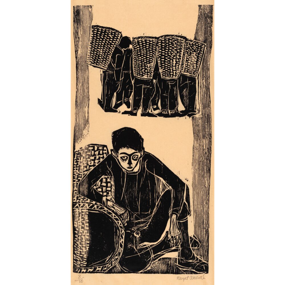 Vertical black-and-white sketch illustrating figures seated together. (Alt-text generated by AI)