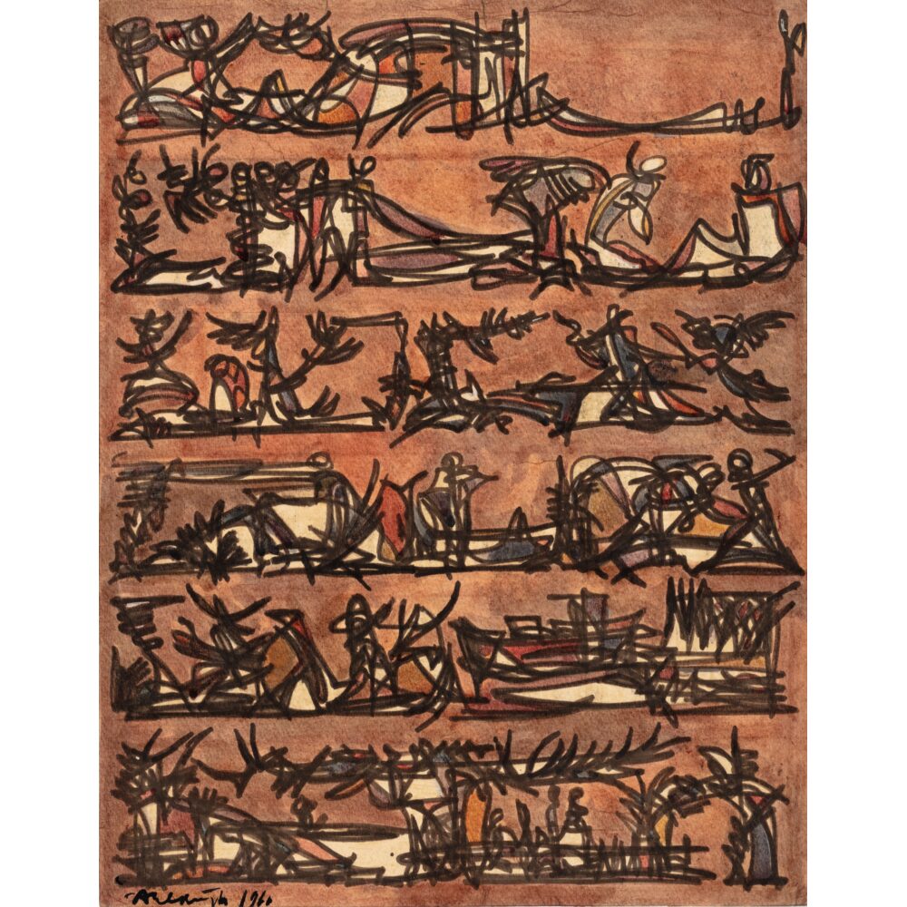 Brown-toned composition featuring multiple horizontal bands filled with stylized figures. (Alt-text generated by AI)
