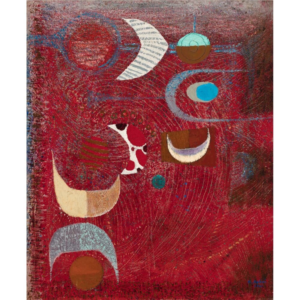 Deep red abstract painting overlaid with crescent moon and circular motifs. (Alt-text generated by AI)