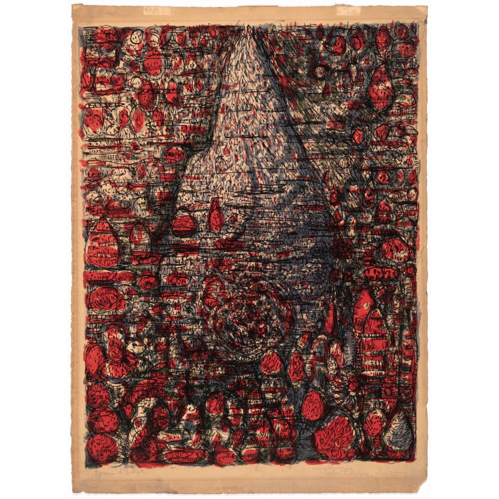 Complex, highly detailed abstract artwork with dark, intricate patterns. (Alt-text generated by AI)