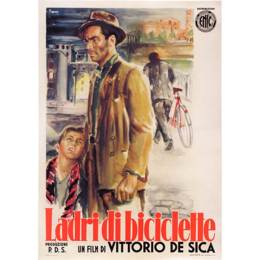 Classic poster for "Ladri di Biciclette" showing a man in a hat standing with a young boy against an illustrated background with red title text. (Alt-text generated by AI)
