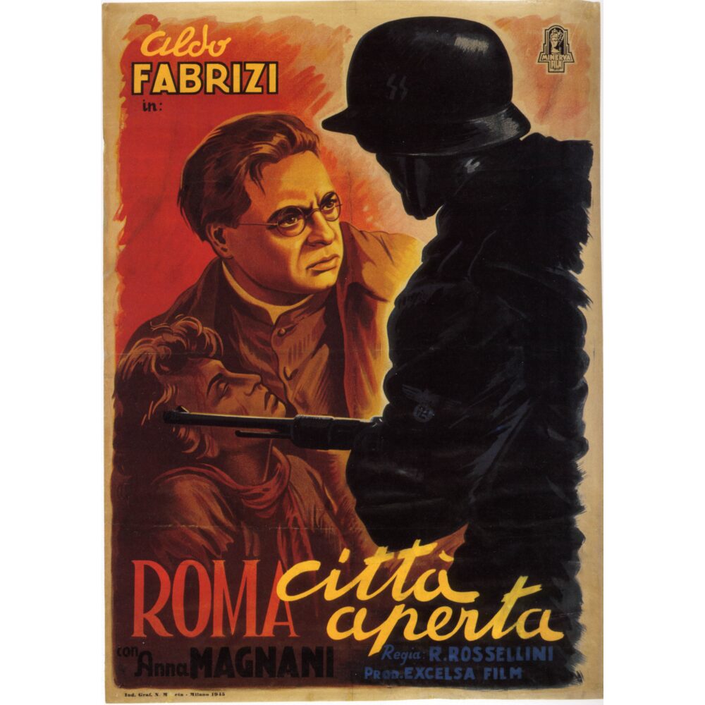 Vintage film poster for "Roma Città Aperta" featuring a man in the background and a dark silhouette framing a distressed face on the left. (Alt-text generated by AI)