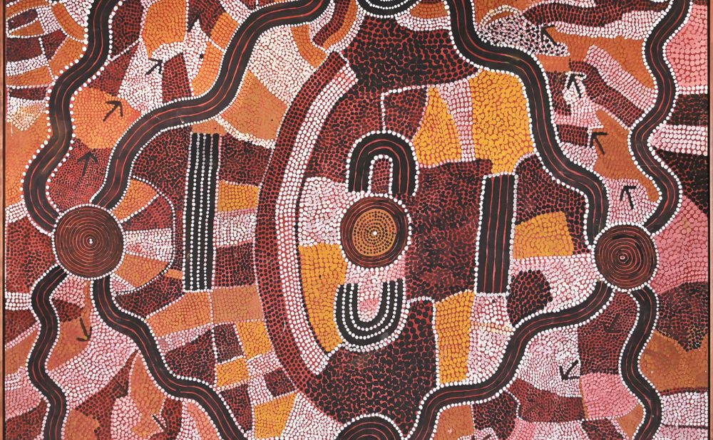 Abstract Aboriginal painting with circular motifs and undulating lines in earthy colors.