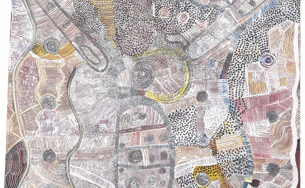 Abstract Aboriginal painting with earth tones, featuring geometric shapes and dense patterns of lines and dots.