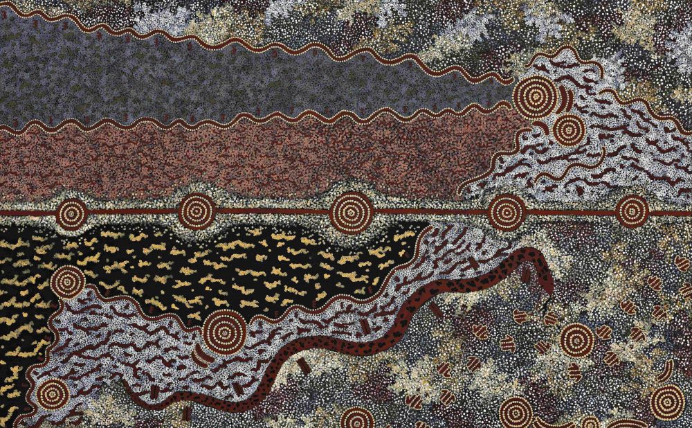 Abstract Indigenous Australian painting with dot patterns, wavy lines, and circular motifs in gray, red, and black tones.