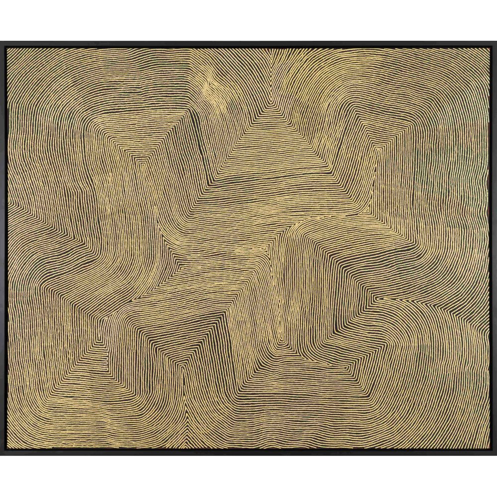 Abstract Aboriginal geometric painting with densely packed, curving beige lines on a dark background.