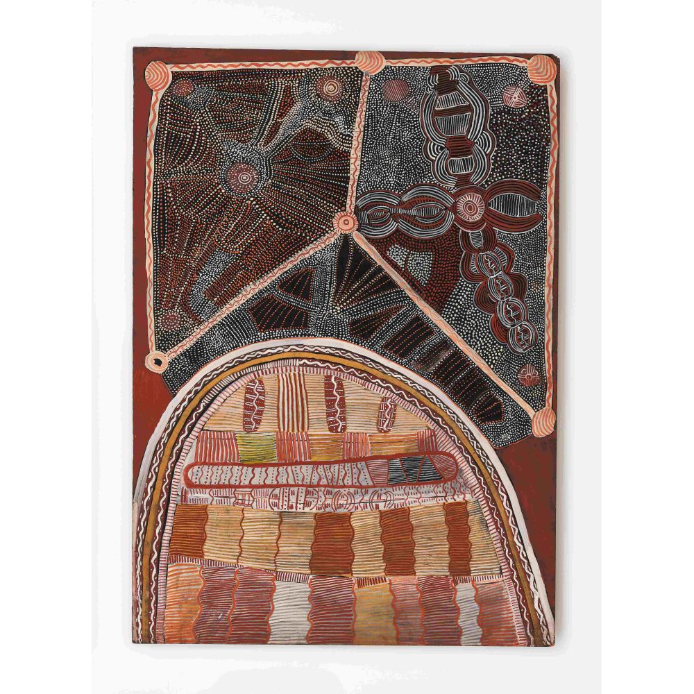 Abstract Aboriginal painting with intricate dot patterns and colorful geometric shapes in black, red, brown, and beige tones.
