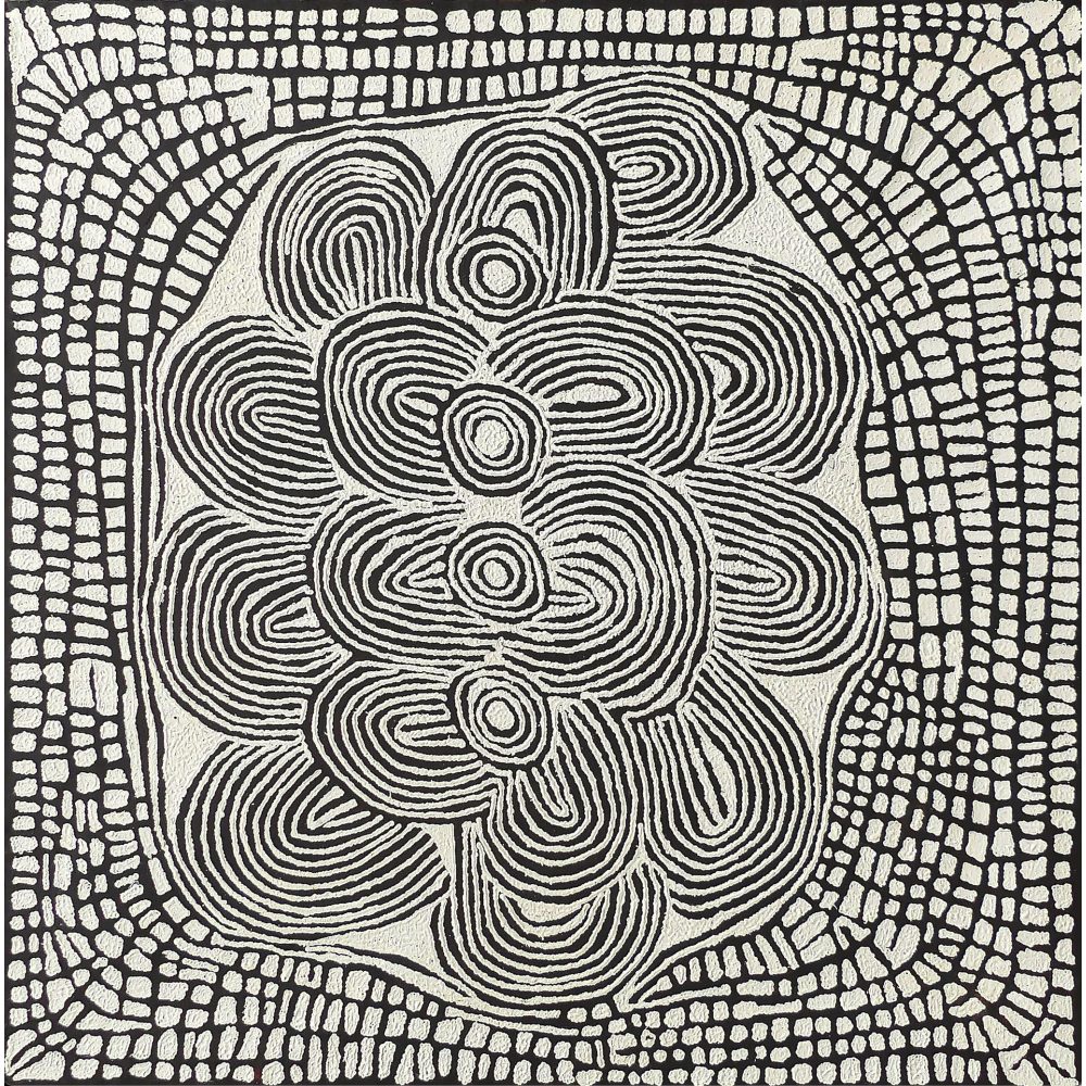 Abstract Indigenous Australian painting with black and white swirling lines and a mosaic border.