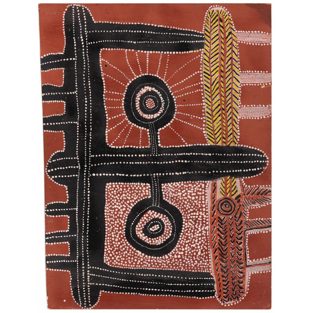 Abstract Aboriginal painting with geometric shapes and circular patterns on a reddish-brown background, featuring white dot outlines.