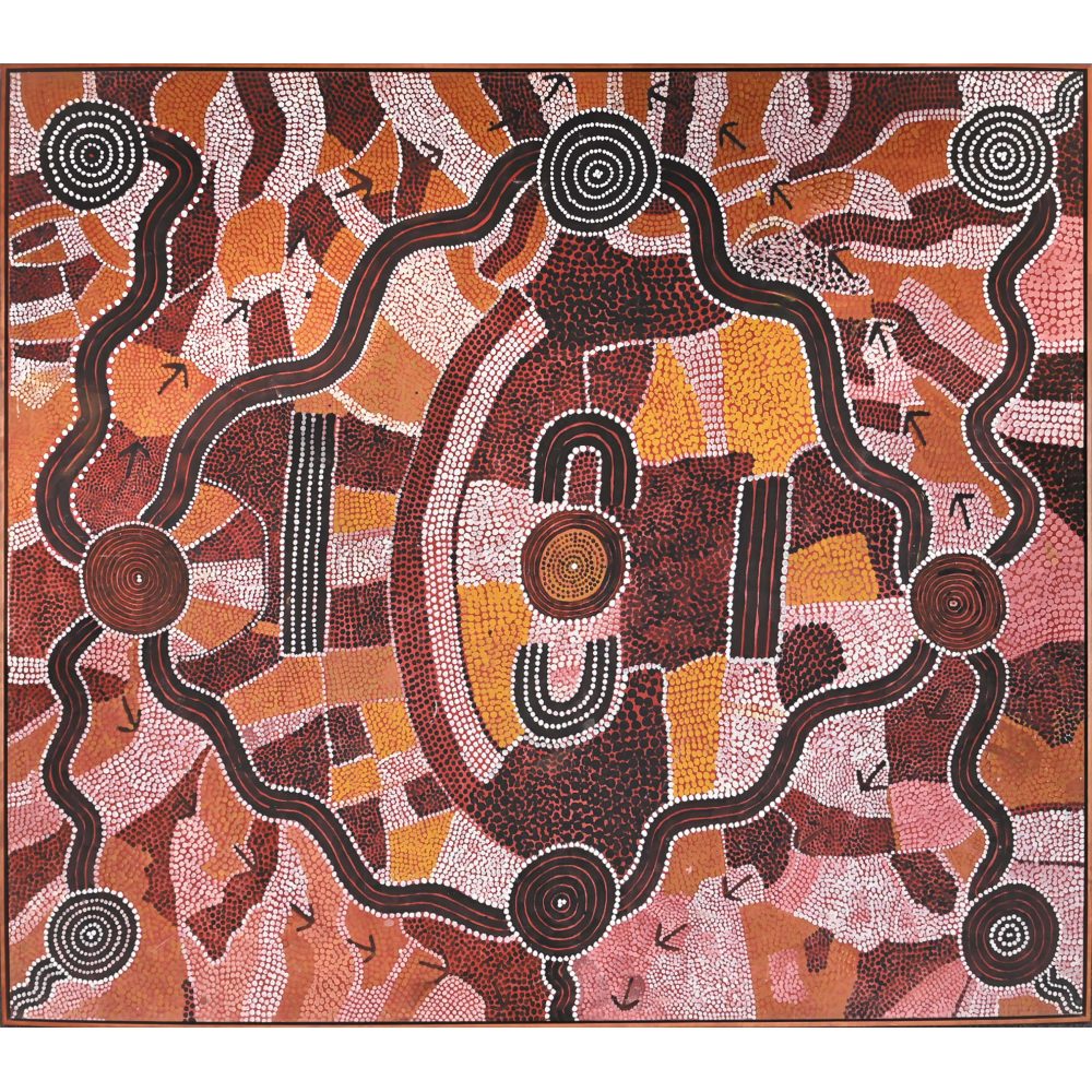 Abstract Aboriginal painting with circular motifs and undulating lines in earthy colors.