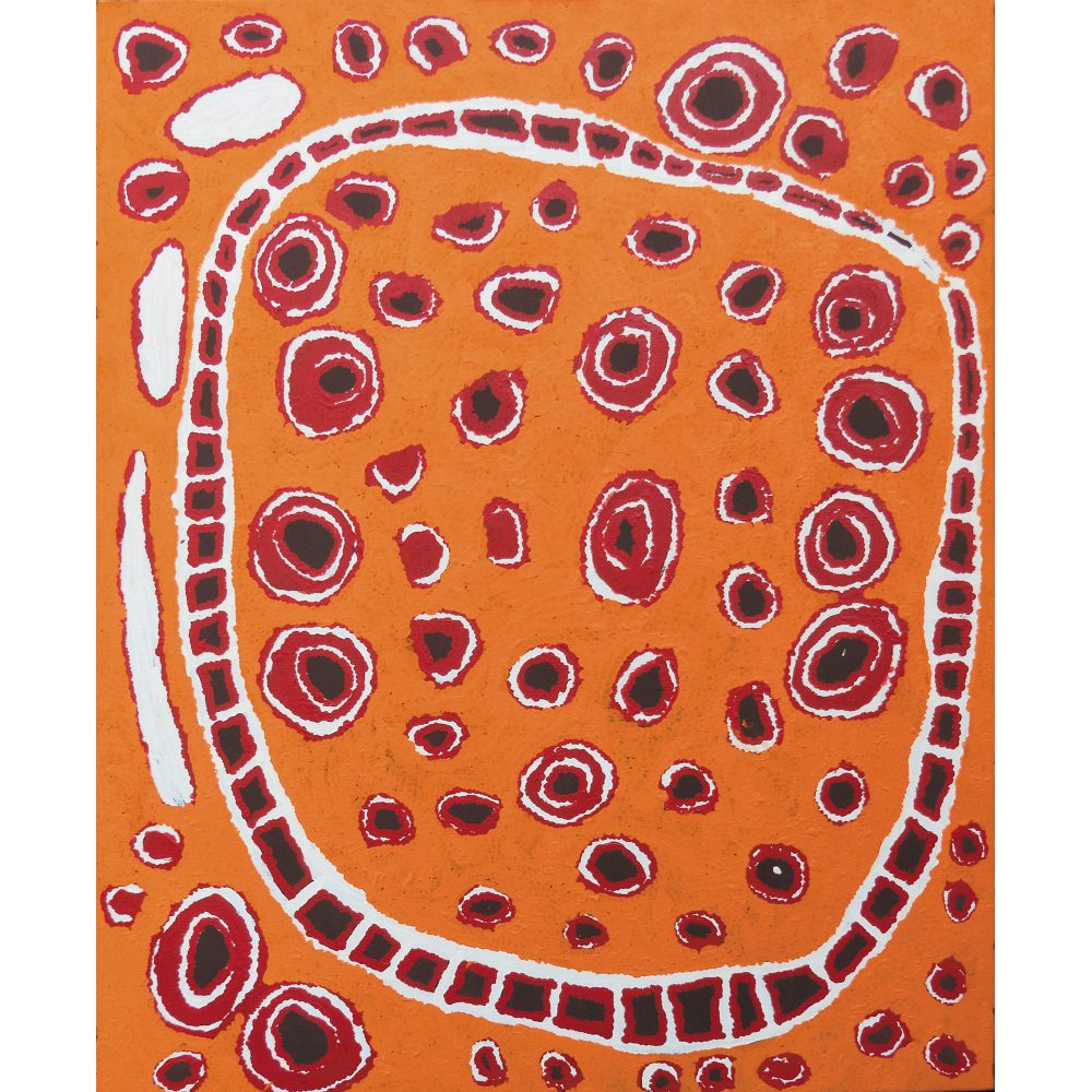 Abstract Aboriginal painting on an orange background with red, white, and black concentric circles.
