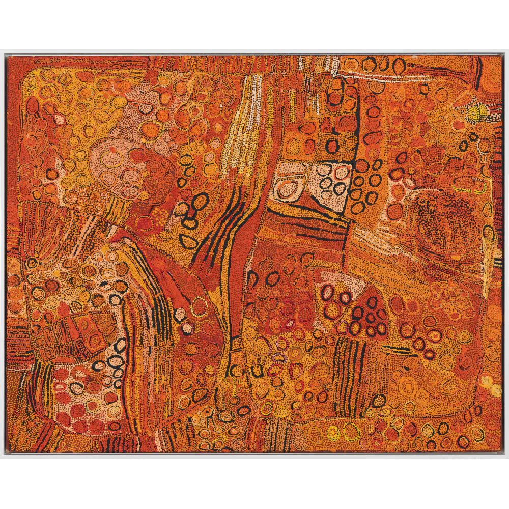 Abstract Aboriginal painting with circular patterns and vibrant orange, red, and yellow colors.