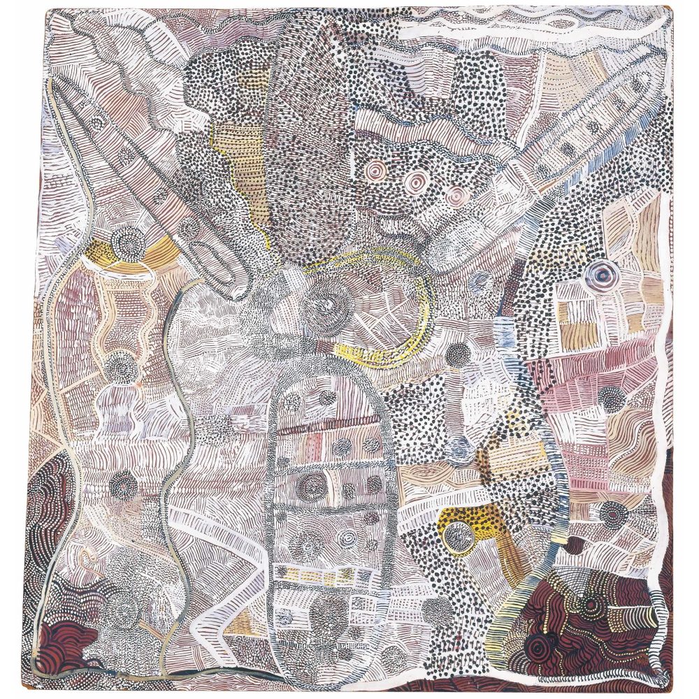 Abstract Aboriginal painting with earth tones, featuring geometric shapes and dense patterns of lines and dots.