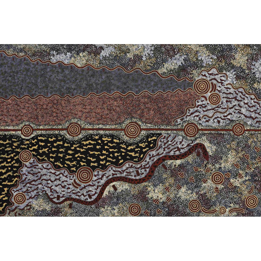 Abstract Indigenous Australian painting with dot patterns, wavy lines, and circular motifs in gray, red, and black tones.