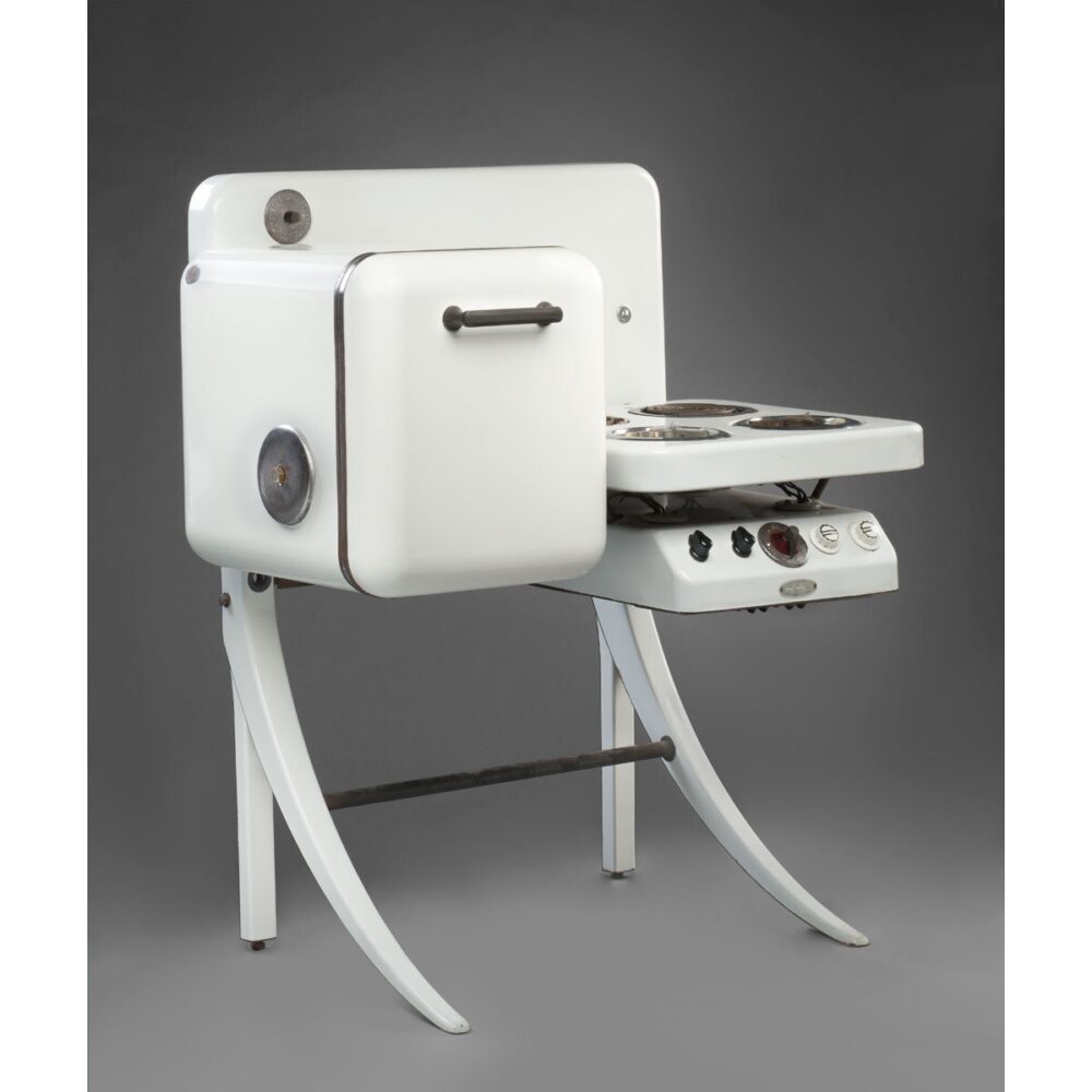 White enamel Electrochef electric stove designed by Warren Noble and Arthur Piron on curved legs. (Alt-text generated by AI)