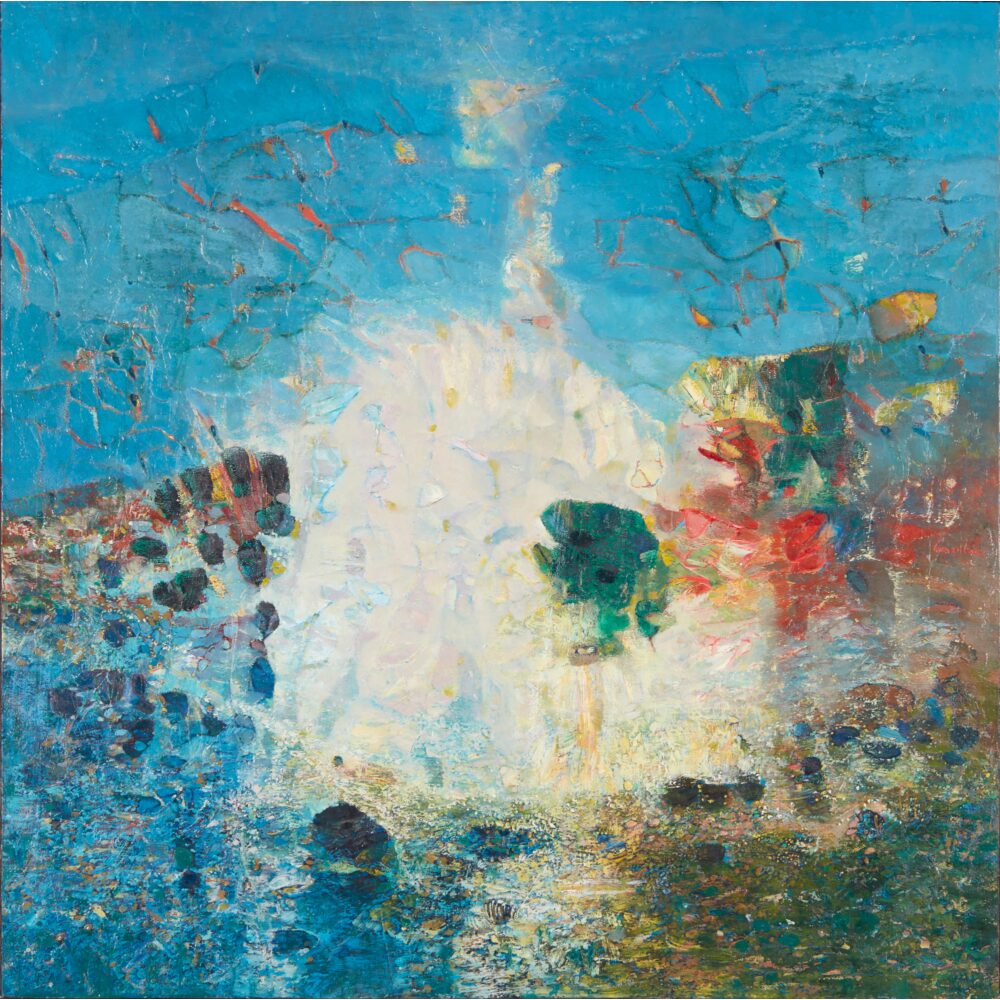 Abstract painting with vibrant colors and impressionist forms, with a cerulean blue background and a cream-colored central form..