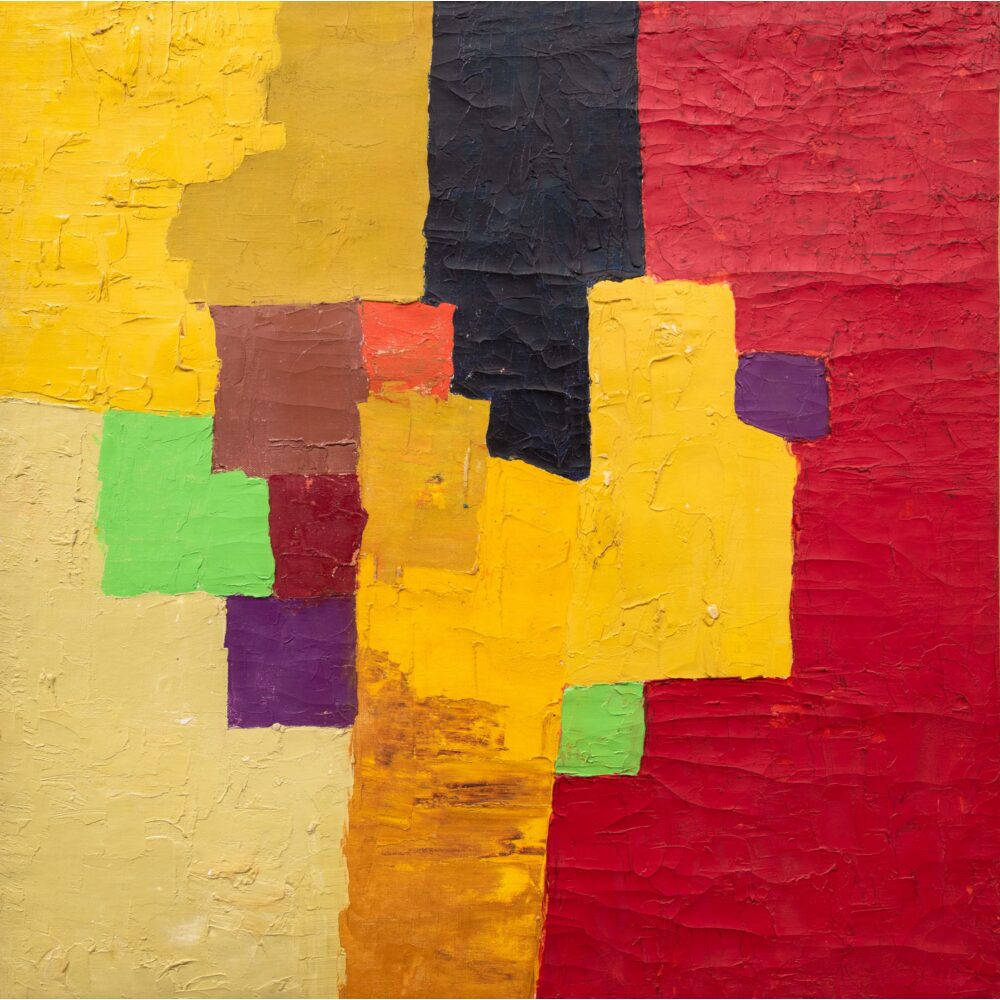 Abstract painting with textured rectangles in yellow, red, black, green, purple, and brown. Alt text generated by AI.