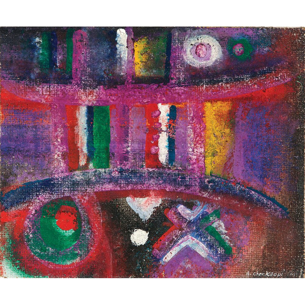 Abstract painting with vibrant colors and geometric shapes, including pink, purple, red, green, and circular motifs.