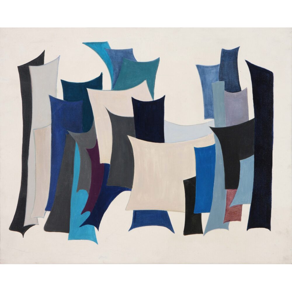 Abstract painting with variously tan and blue-hued rectangular shapes with curved sides and pointed corners, each overlappping each other, on a beige background.