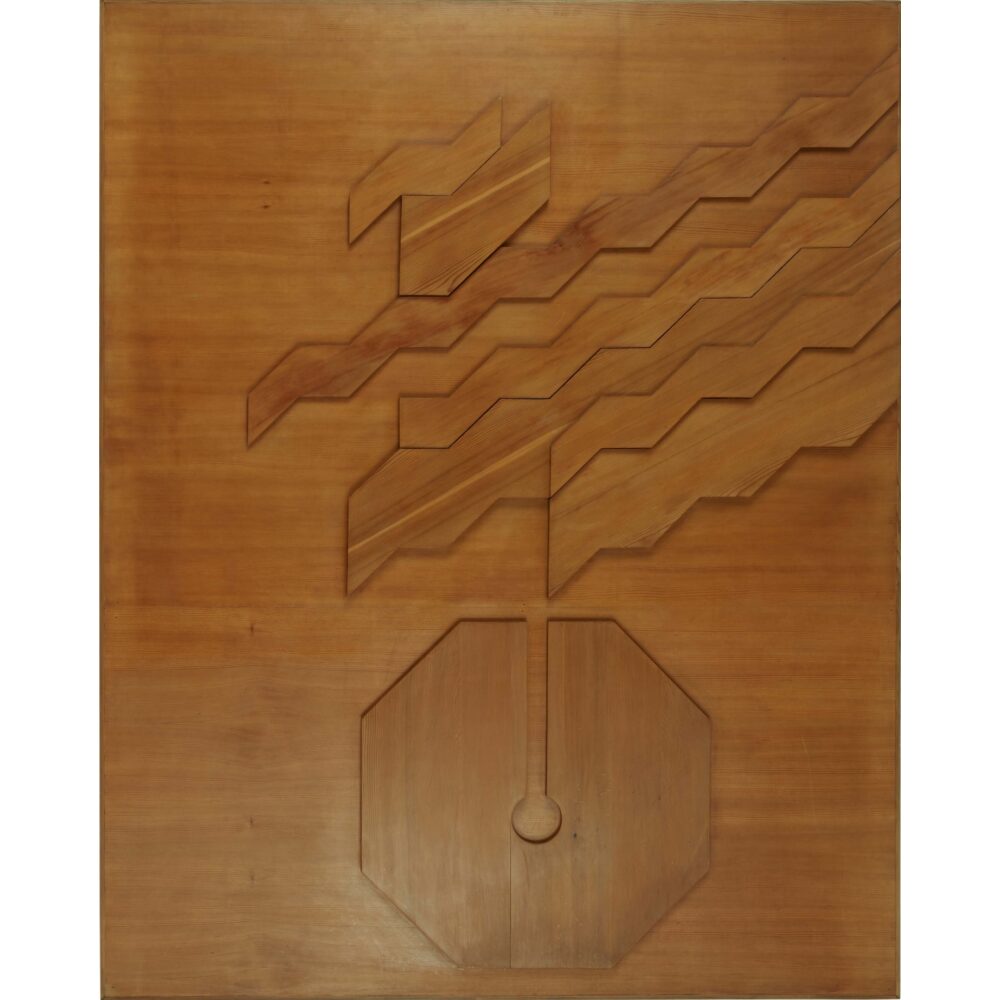 Wooden panel with geometric zigzag and octagonal patterns. Alt text generated by AI.