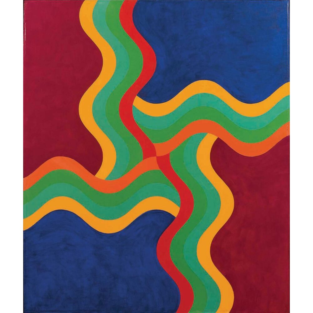 Abstract painting with wavy bands in green, red, orange, and yellow on a blue and maroon background. Alt text generated by AI.