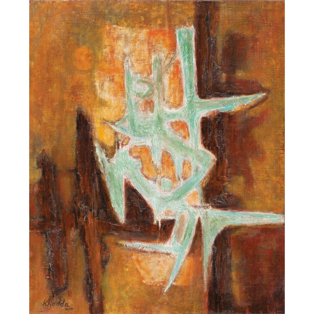 Abstract painting with aqua shapes on a brown and orange textured background. Alt text generated by AI.
