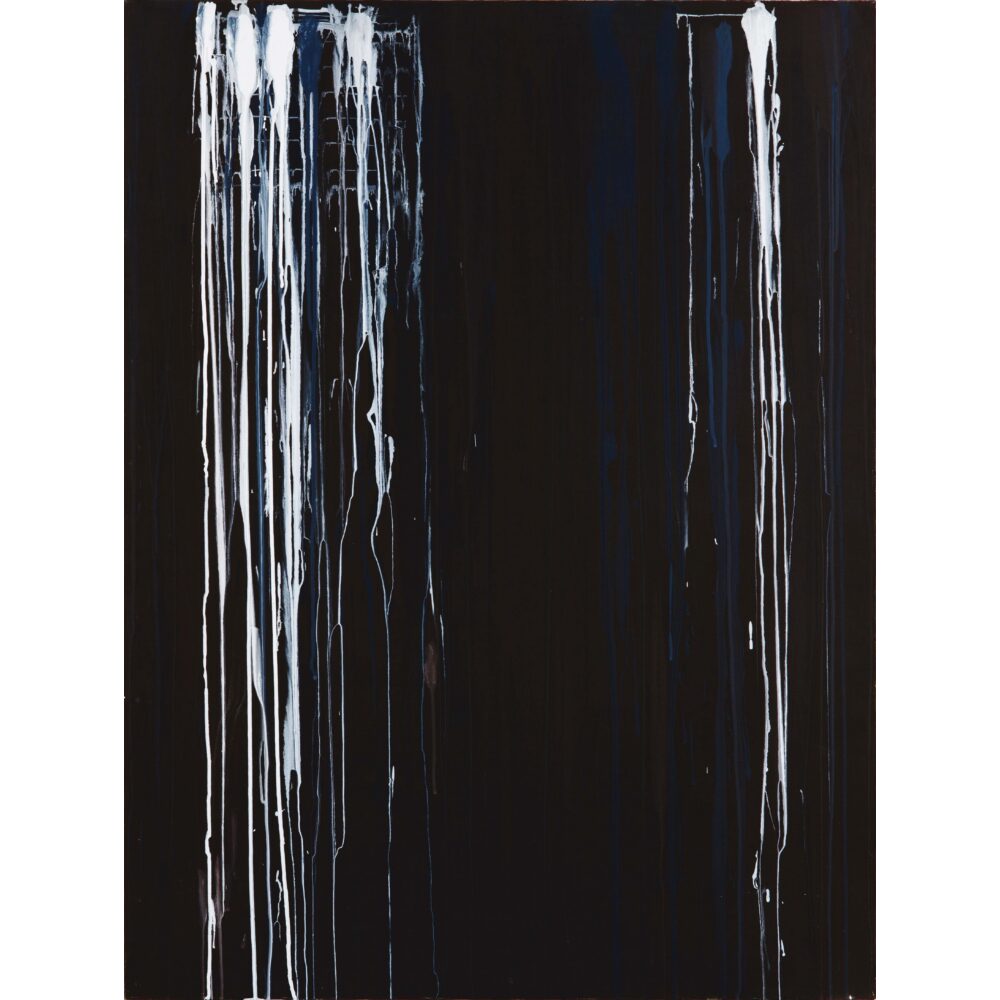 Abstract painting with white streaks on a black background. Alt text generated by AI.
