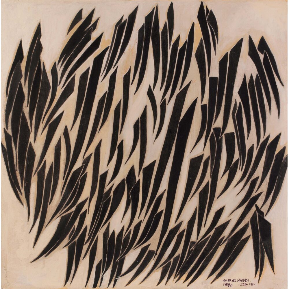 An abstract painting with black elongated shapes on a beige background. Alt-text generated by AI.