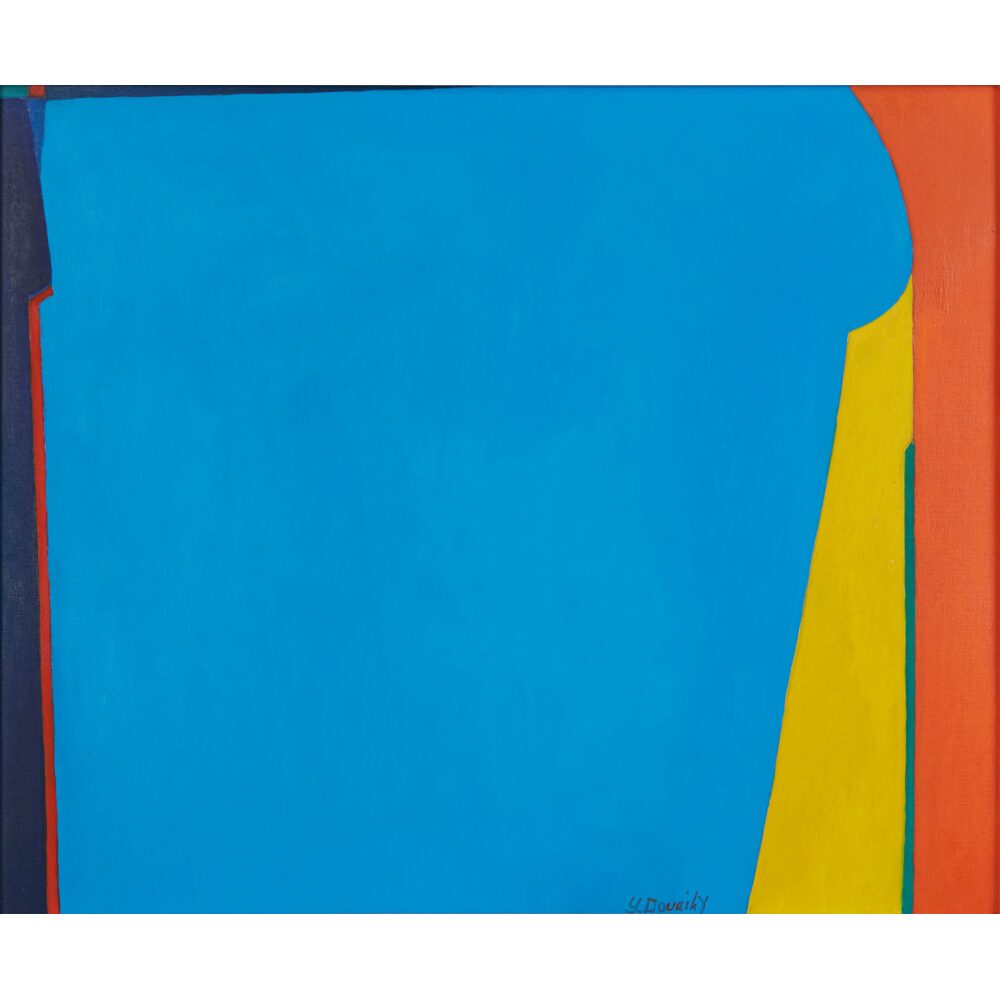 Abstract painting with large blue area, yellow triangle, and orange and dark blue strips. Alt-text generated by AI.