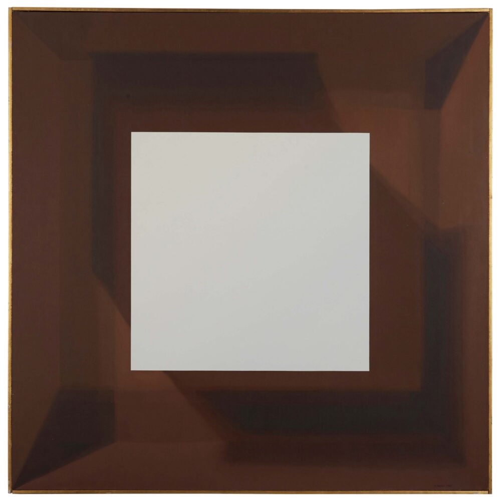 Square artwork with a central white square surrounded by a deep brown gradient frame. Alt-text generated by AI.