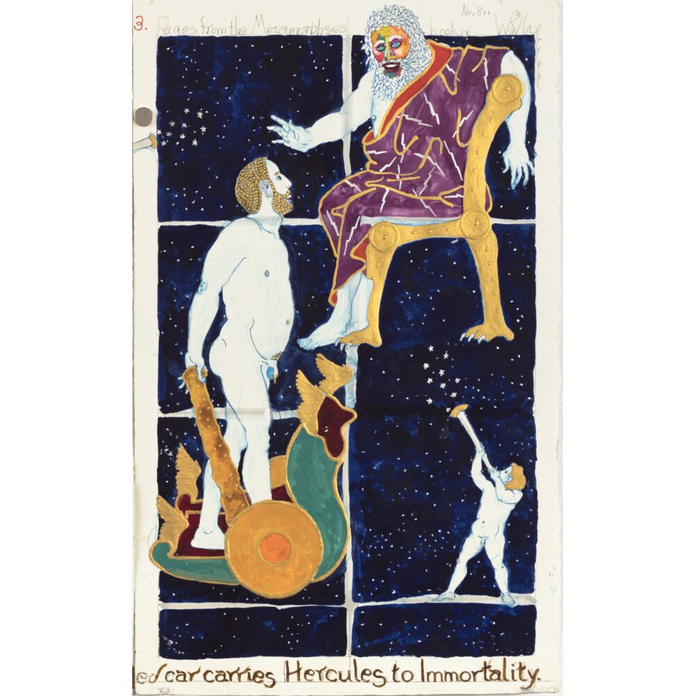 Vertical illustration depicting a seated figure on a golden throne above white figures on a dark blue starry background. (Alt-text generated by AI)