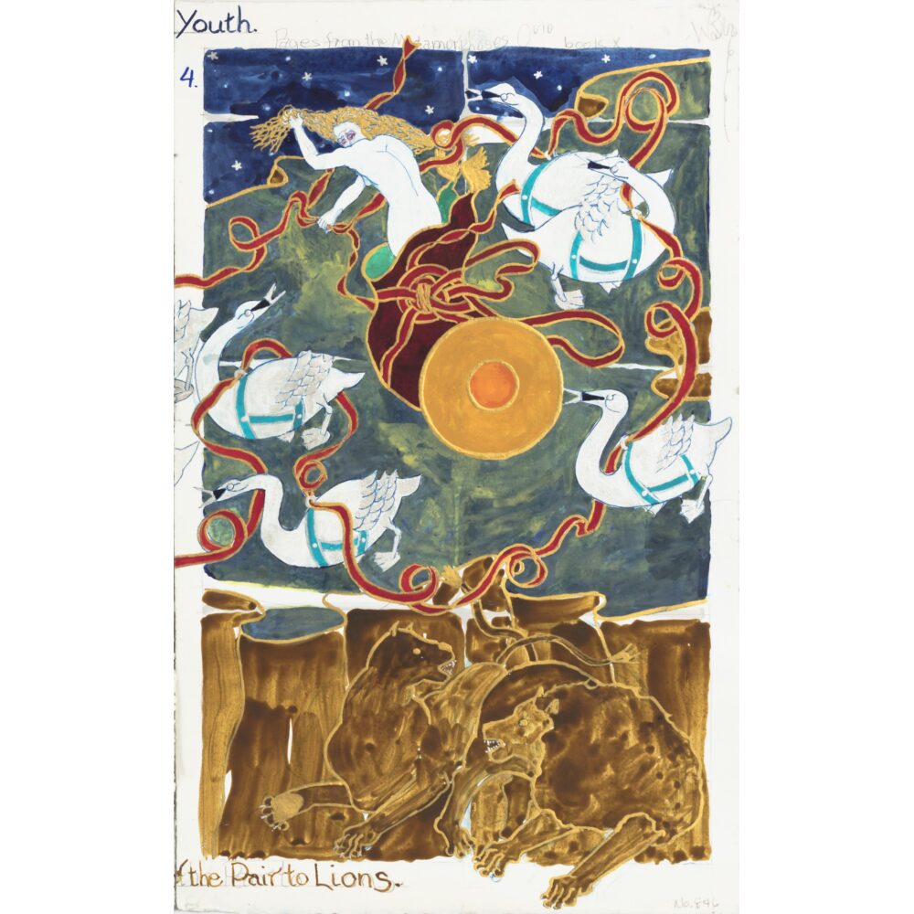 Detailed vertical artwork showing a bright orange circular motif surrounded by swirling creatures above a brown-toned base. (Alt-text generated by AI)